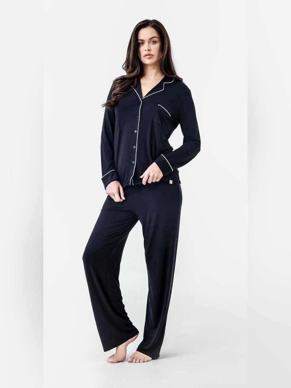 NWT Sunday Citizen Black Women's Long-Sleeve Piped Pajama Set